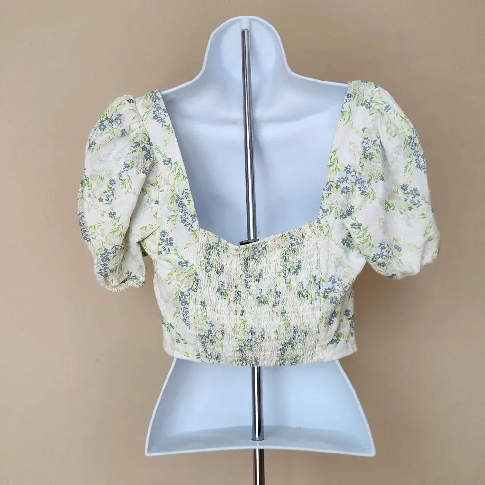 Forever 21 Floral Puff Sleeve Tie-Front Crop Top, Small - Picture 2 of 6